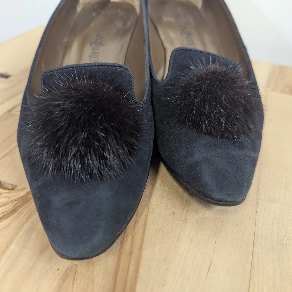 Vintage YSL Yves Saint Laurent Black Suede Shoes Low Heel Mink Pom Pom 9.5N 8